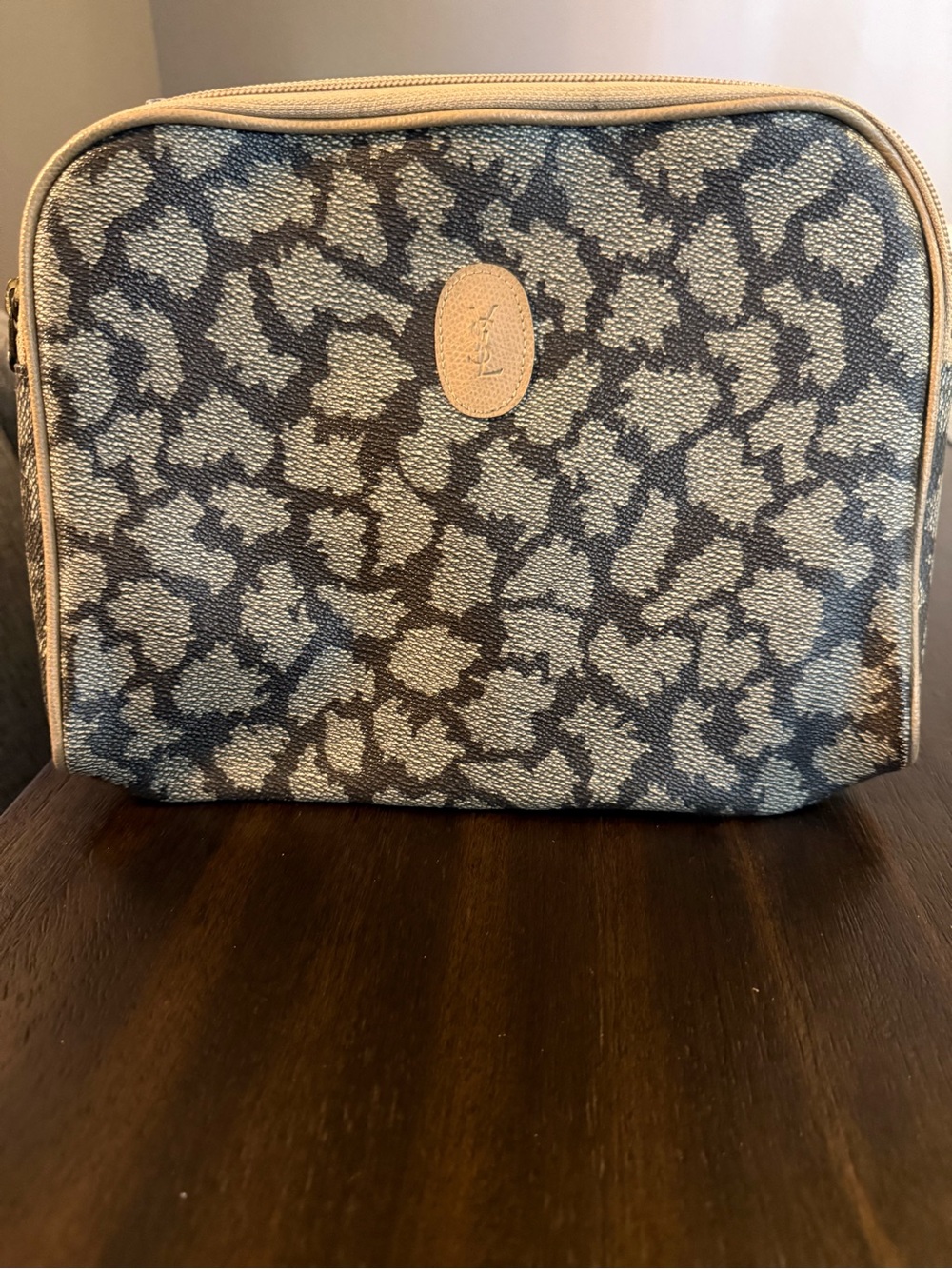 YSL vintage Monogram Pattern Canvas Cosmetic Pouch in Beige and Black